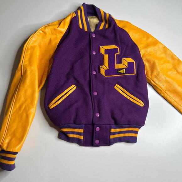 Vintage 80s Hunts Athletic Goods Varsity Letterman Jacket Purple Gold Wool Leath - Picture 1 of 12